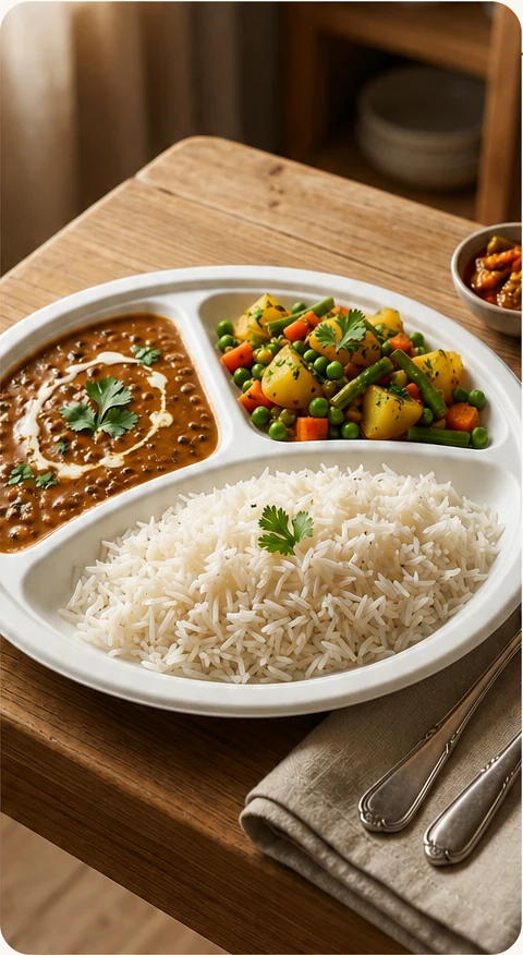 Hot meal served in a compartmented sugarcane bagasse plate